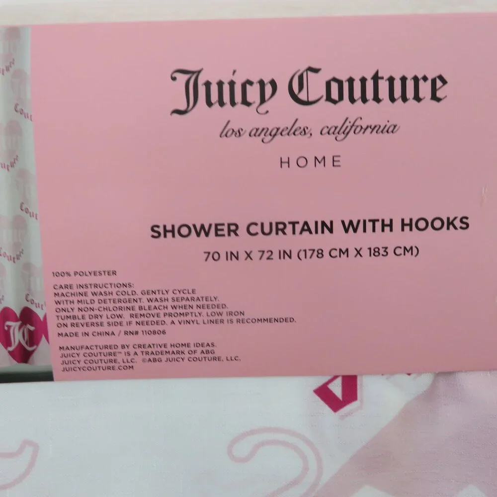 (#116) Juicy Couture White and Pink Shower Curtain with Hooks